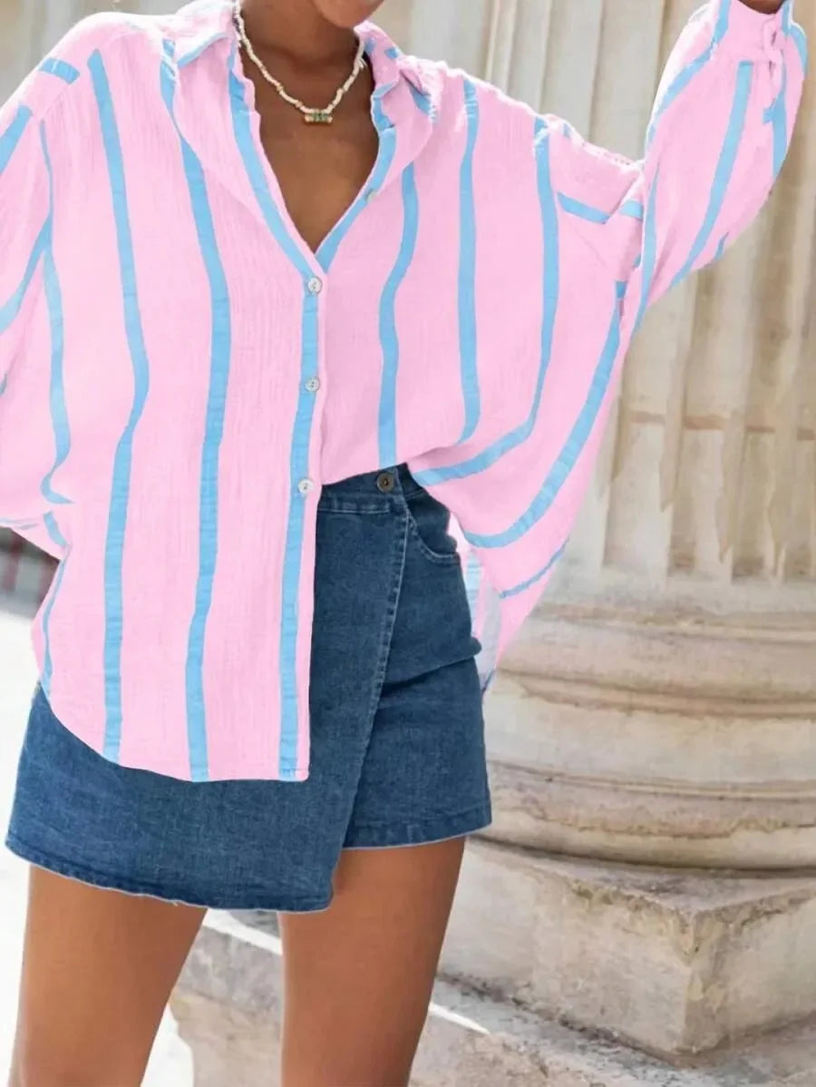 Women's Long Sleeve Button Cardigan Striped Shirt Slim Fit Polo Collar Full Length Autumn Winter New Style Cross Border Independ