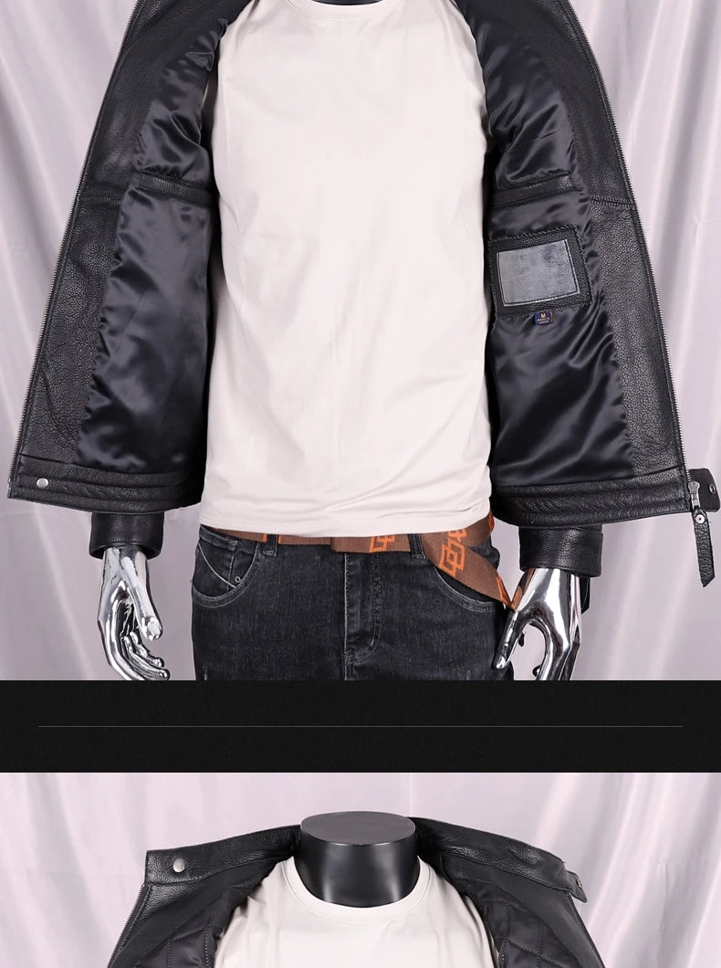 Black Autumn Leather Jacket Men Sports Style Plus Size 5XL Genuine Natural Cowhide Stand Collar Slim Fit Short Coat