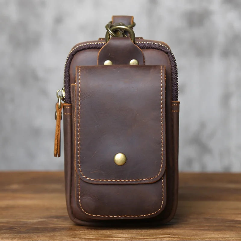 NZPJ Genuine Leather Men's Waist Bag Top Layer Cowhide Fashion Hook Bag Leisure Belt Bag Cigarette Box 6.5-inch Mobile Phone Bag