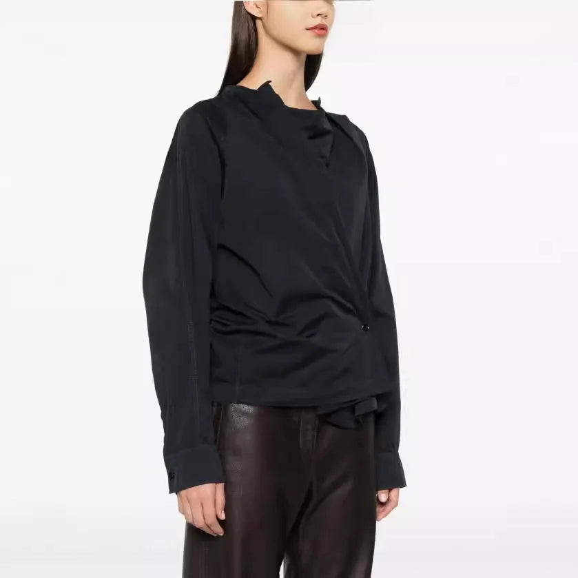 Asymmetric Button Side Split Long Sleeve Women's Shirt Le Home New Color Design Casual Commute Style Cotton British Style