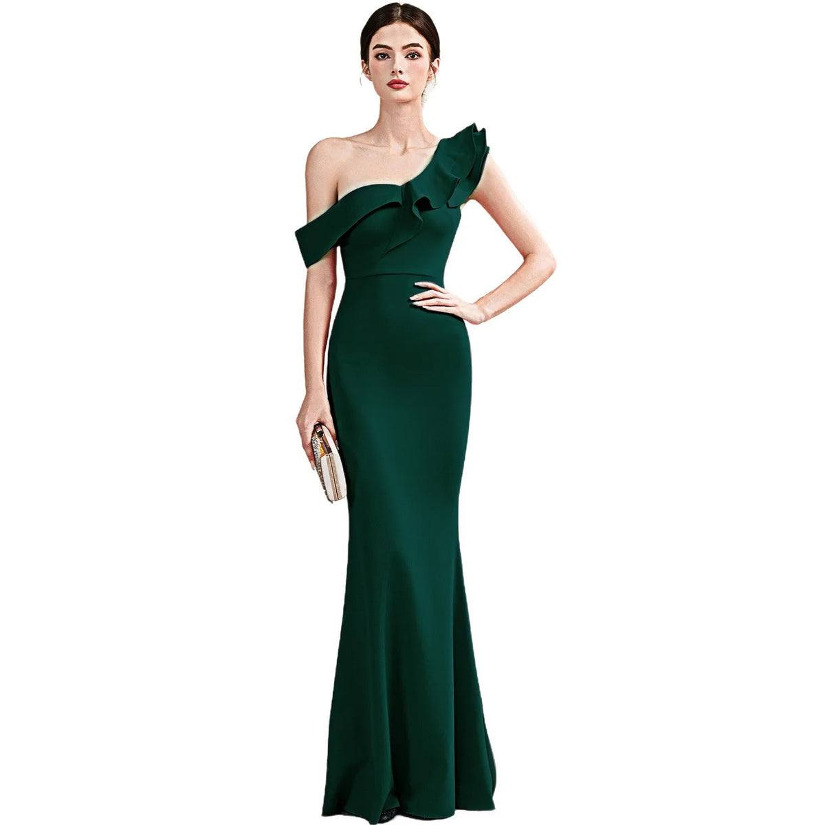 Elegant Evening Gown Slimming Fish Tail Dress Fashionable Shoulder Bared Polyester Long Sleeve High Waist Party Dress