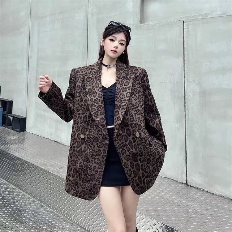 Ladies' Long Sleeve Leopard Print Suit Jacket Hepburn Style Casual Leisure Fashionable Mid-Length Coat Elegant Commute