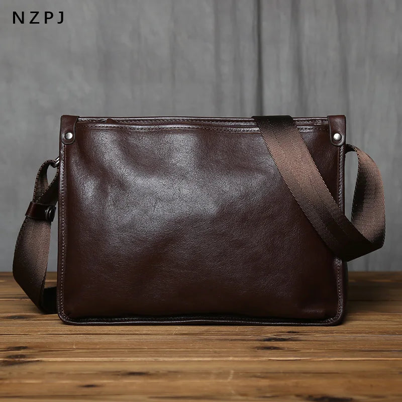 NZPJ Vintage Genuine Leather Men's Shoulder Bag Casual Top-Grain Cowhide Crossbody Bag For 10-inch IPad
