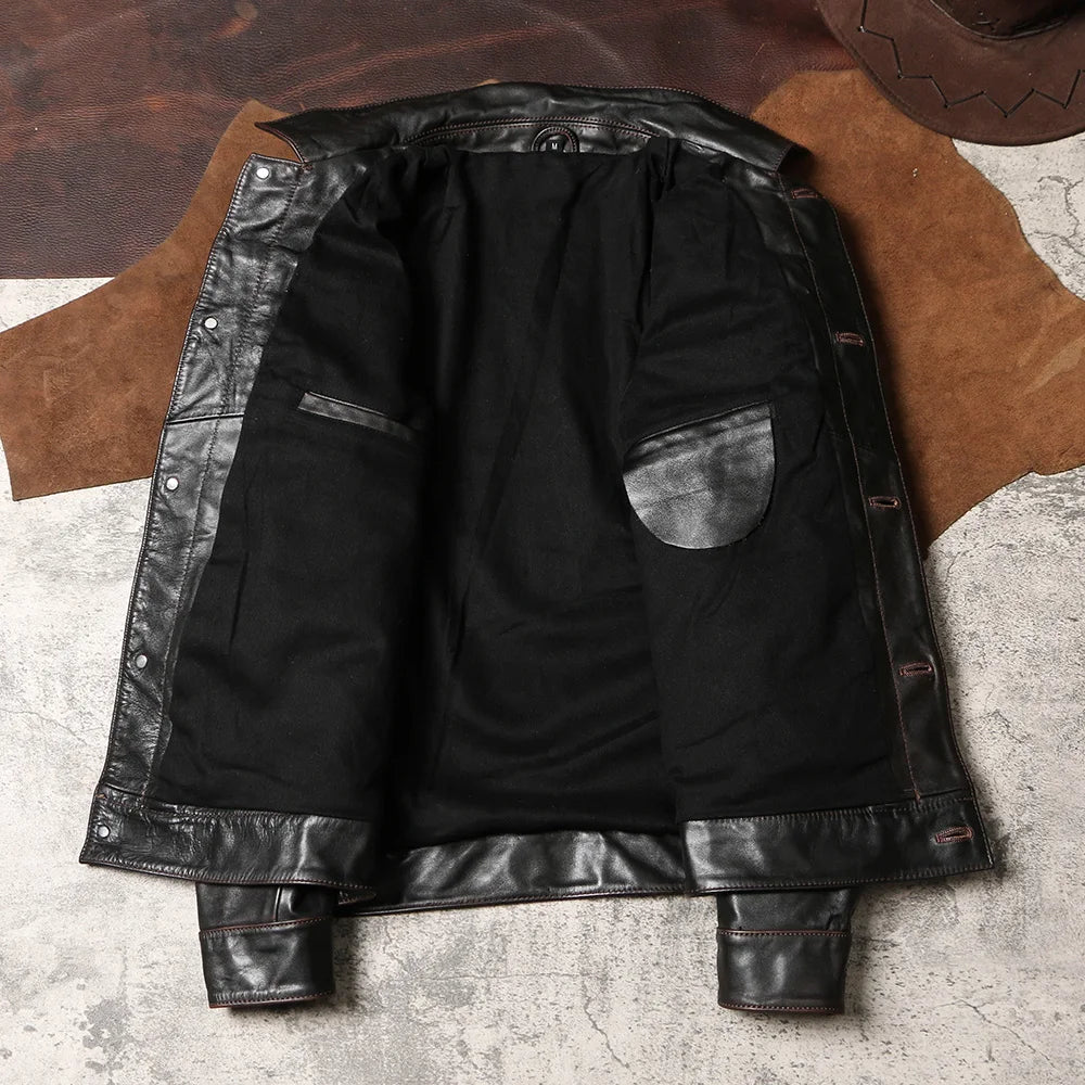 Black Autumn Leather Jacket Men Vintage Style Plus Size 5XL Genuine Natural Cowhide Turn-Down Collar Single Breasted Coat