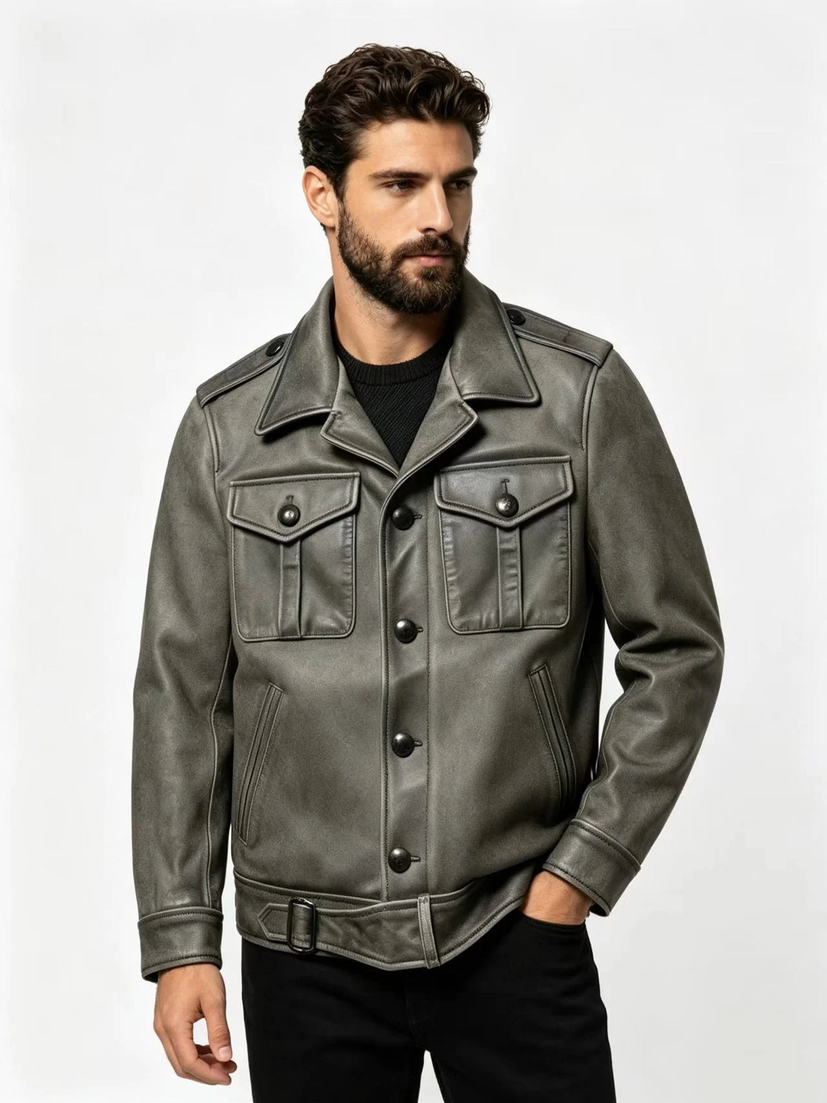 Grey Winter Leather Jacket Men Retro Style Plus Size 5XL Genuine Natural Thick Cowhide Turn-Down Collar Single Breasted P37 Coat