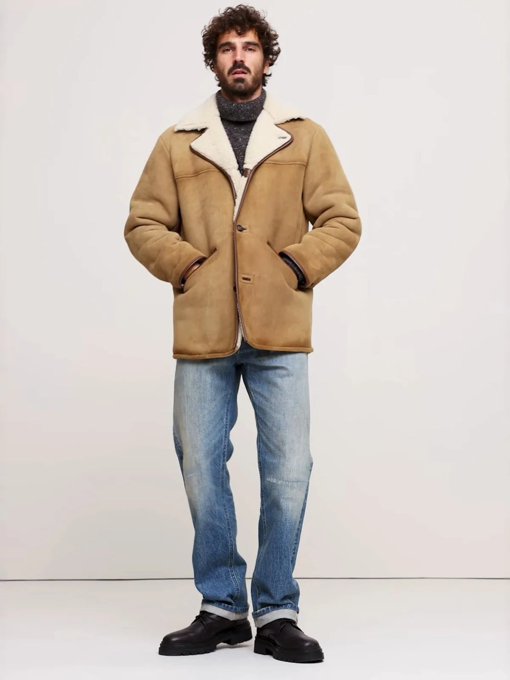 Light Brown Winter Shearling Jacket Men Casual Style Plus Size 4XL Genuine Natural Thick Sheepskin Warm Single Breasted Coat