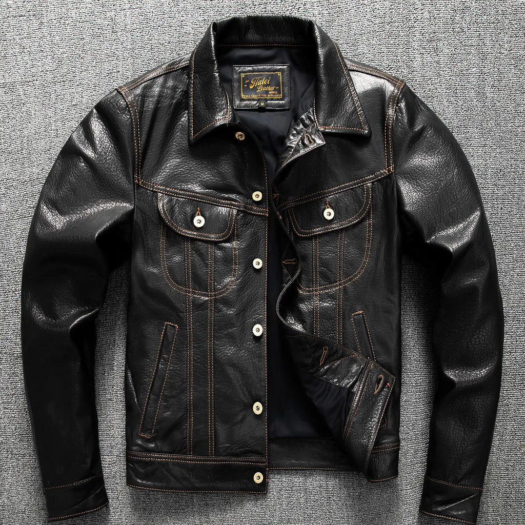 Men's Genuine Sheepskin Leather Trucker Jacket Black Type III Denim Cut Cream Contrast Stitch Brass Snap Short Casual Coat