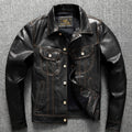 Men's Genuine Sheepskin Leather Trucker Jacket Black Type III Denim Cut Cream Contrast Stitch Brass Snap Short Casual Coat