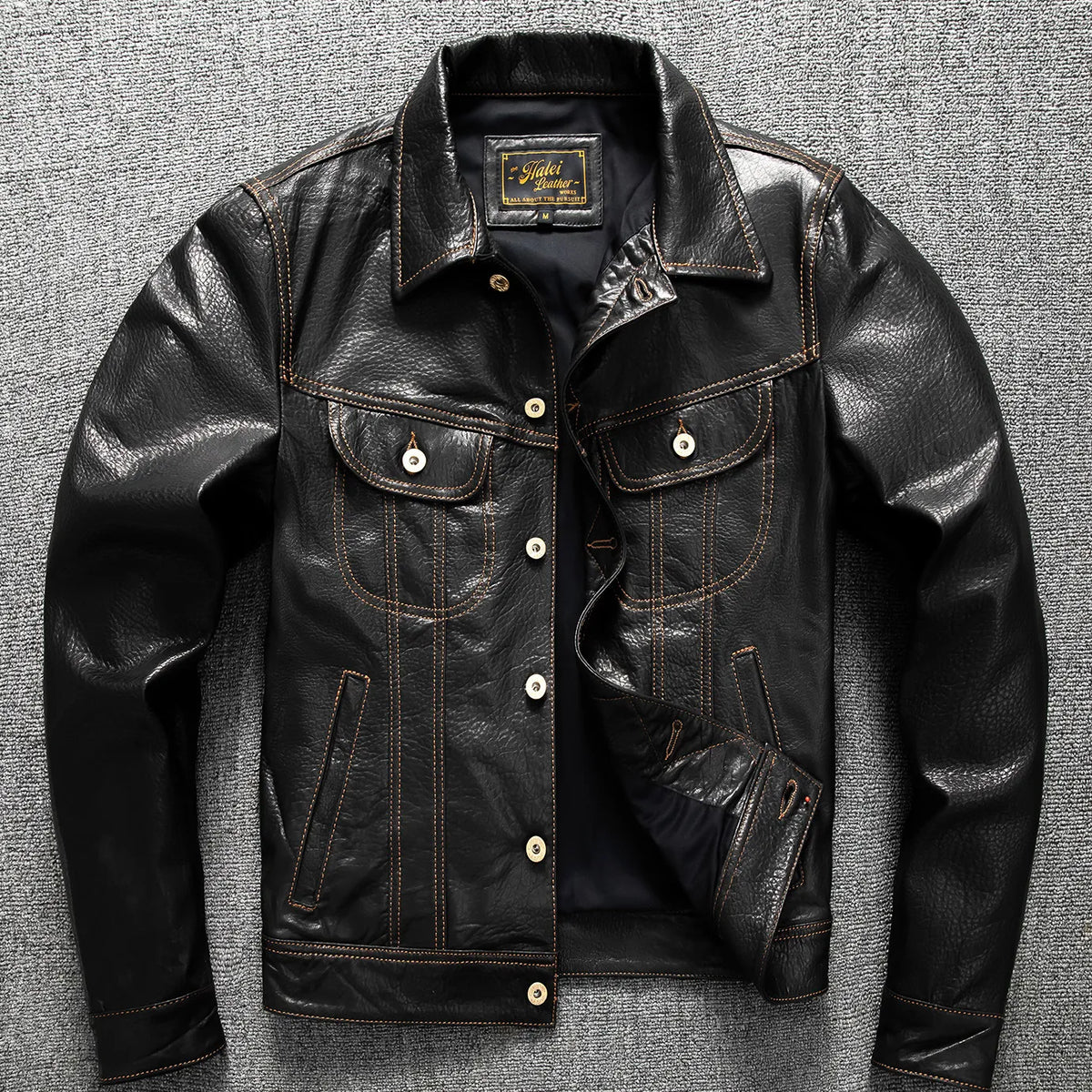 Men's Genuine Sheepskin Leather Trucker Jacket Black Type III Denim Cut Cream Contrast Stitch Brass Snap Short Casual Coat