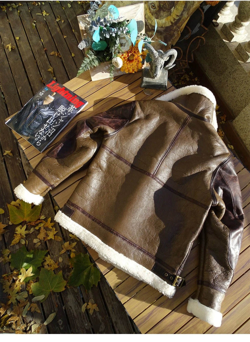 Men's B-3 Bomber Shearling Jacket Brown Black Two-Tone Genuine Leather Winter Warm Flight Pilot Coat Vintage Spliced