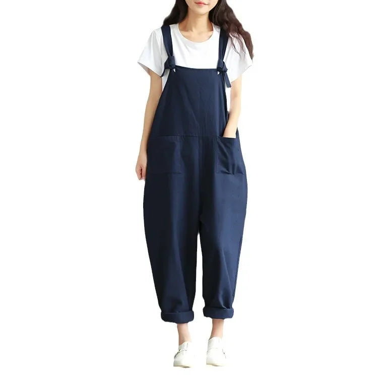 Artistic Vintage Deep Blues Cotton Strap Casual Trousers Women's 1701 European American Style