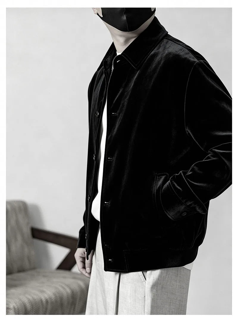 Natural Silk Velvet Men's Jacket - Long-sleeved Collar Formal Coat - Loose, Comfortable, Soft, Smooth, Casual Shirt