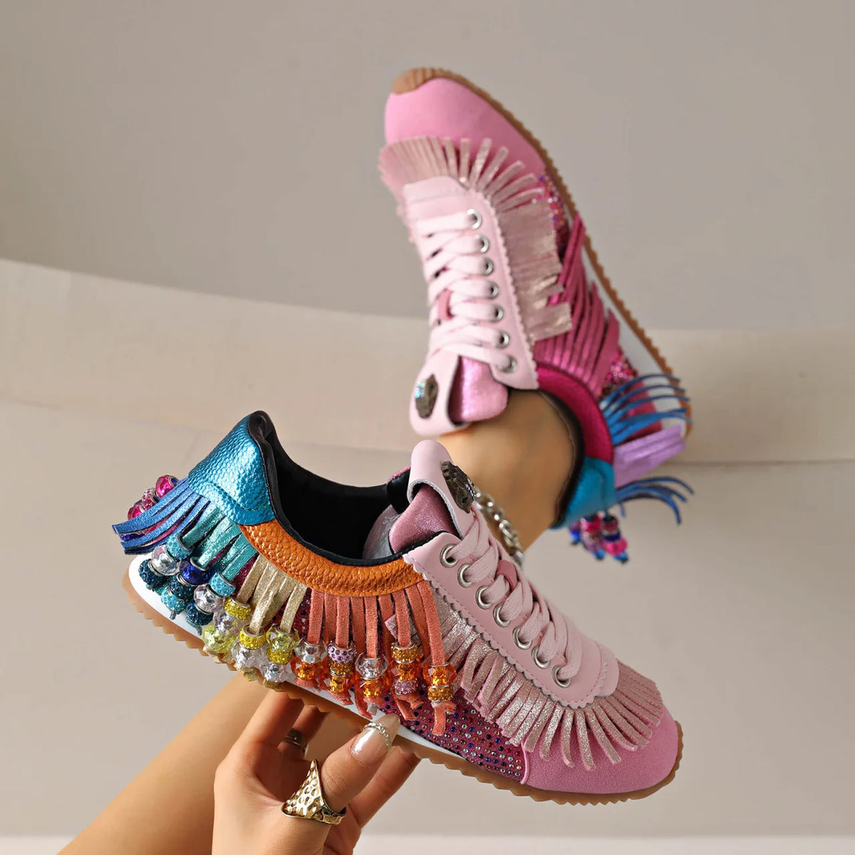 Colorful Tassel Water Diamond Casual Flat Bottom Sport Board Shoes Large Size 2026 New Style Retro Knot Design round Toe