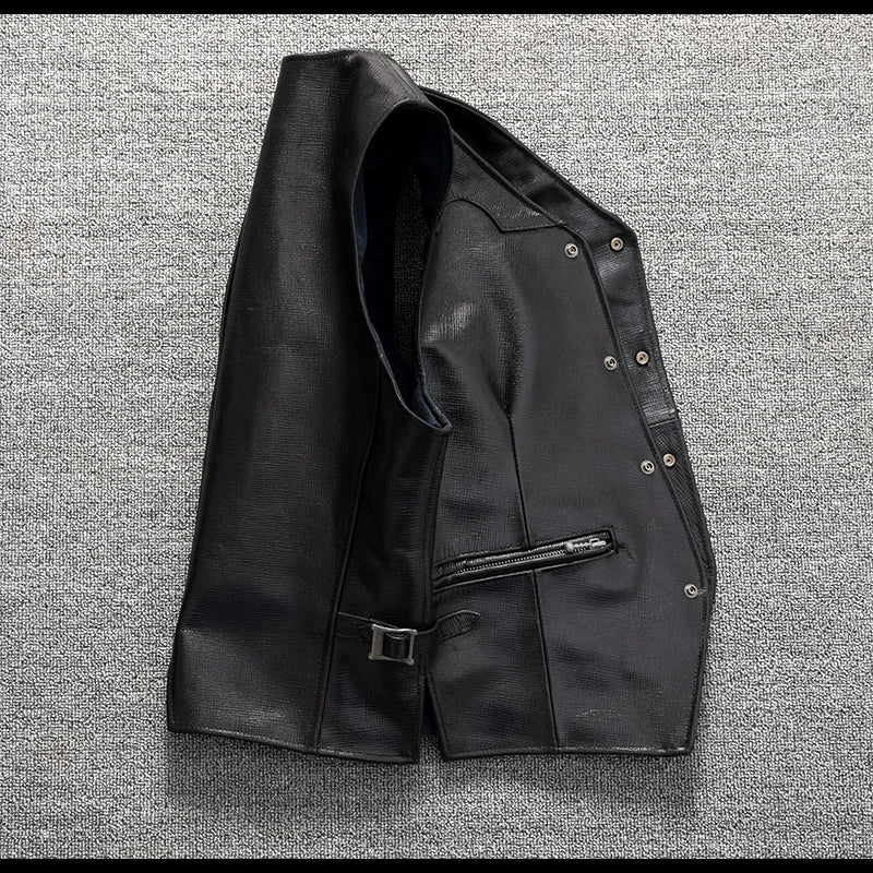 Black Spring Leather Vest Men Casual Style Plus Size 5XL Genuine Natural Sheepskin Single Breasted Short Sleeveless Coat