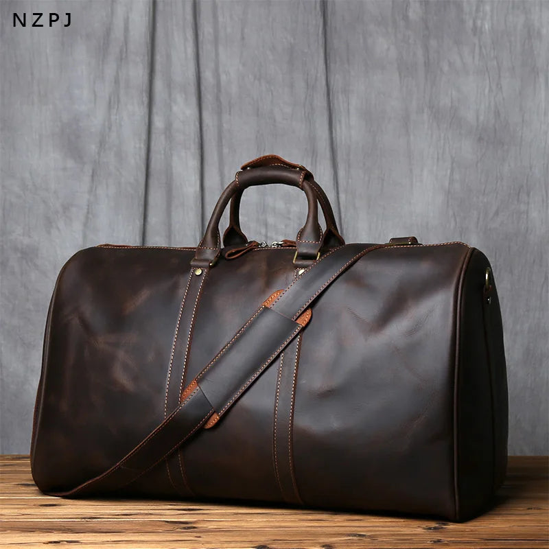 NZPJ Vintage Genuine Leather Men's Travel Bag Large Capacity Crazy Horse Leather Handbag Natural Cowhide Shoulder Crossbody Bag