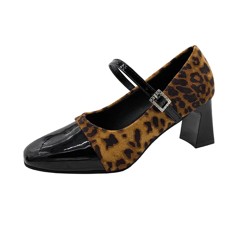 Korean Style Fashion Leopard Print Square Head Leather Color Block Rhinestone Buckle Velvet Surface Thick Heel Women's Shoes