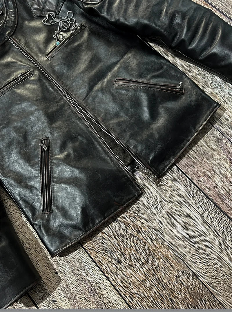 Black Winter Leather Jacket Men Vintage Style Plus Size 5XL Genuine Natural Cowhide Stand Collar Slim Fit Leather Coat
