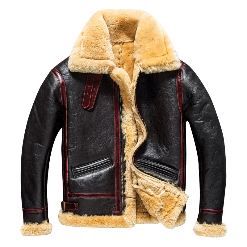 Black Winter Shearling Jacket Men Military Style Plus Size 3XL Genuine Natural Thick Sheepskin Warm B3 Bomber Leather Coat