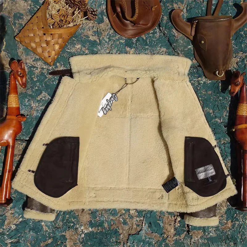 Dark Brown Winter Shearling Jacket Men Retro Style Plus Size 5XL Genuine Natural Thick Sheepskin B6 Bomber Flight Coat