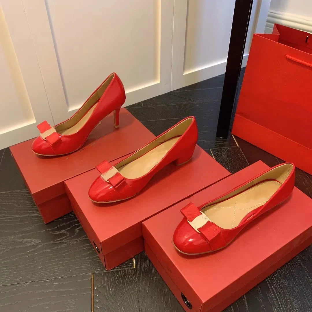 Comfortable round Toe High Version Spring New Style Red Shoes with Bow Tie Flat Heel Velvet Women Casual Shoes Ballet Flat