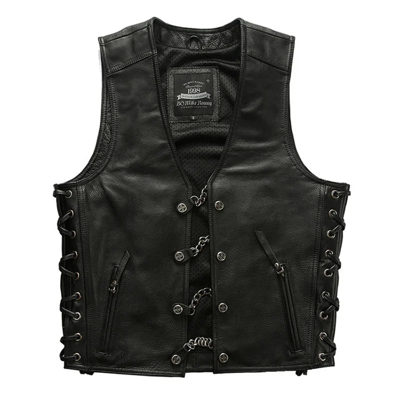 Black Spring Leather Vest Men Sports Style Plus Size 4XL Genuine Natural Cowhide Single Breasted Short Vest