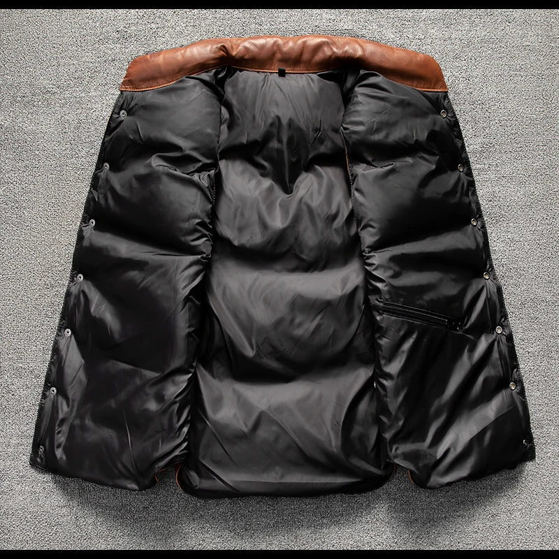 Genuine Natural Sheepskin Stand Collar Single Breasted Vest Brown Winter Leather Down Vest Men Vintage Style Plus Size 5XL