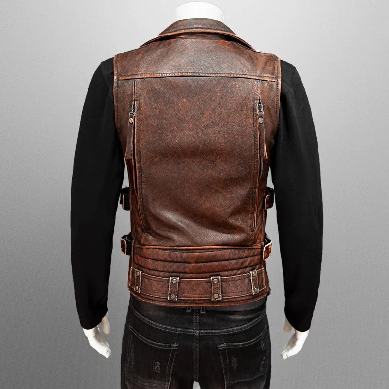 Men Red Brown Leather Biker Vest Vintage Distressed Asymmetrical Zip Sleeveless Jacket Punk Rock Studded Multi-Pocket Waistcoat