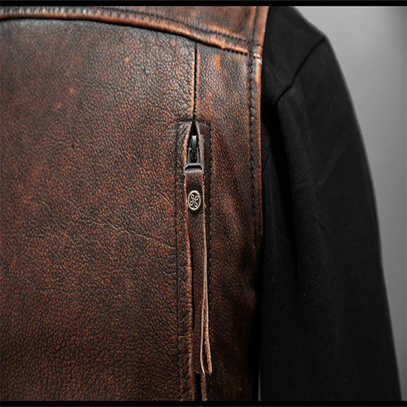 Men Red Brown Leather Biker Vest Vintage Distressed Asymmetrical Zip Sleeveless Jacket Punk Rock Studded Multi-Pocket Waistcoat