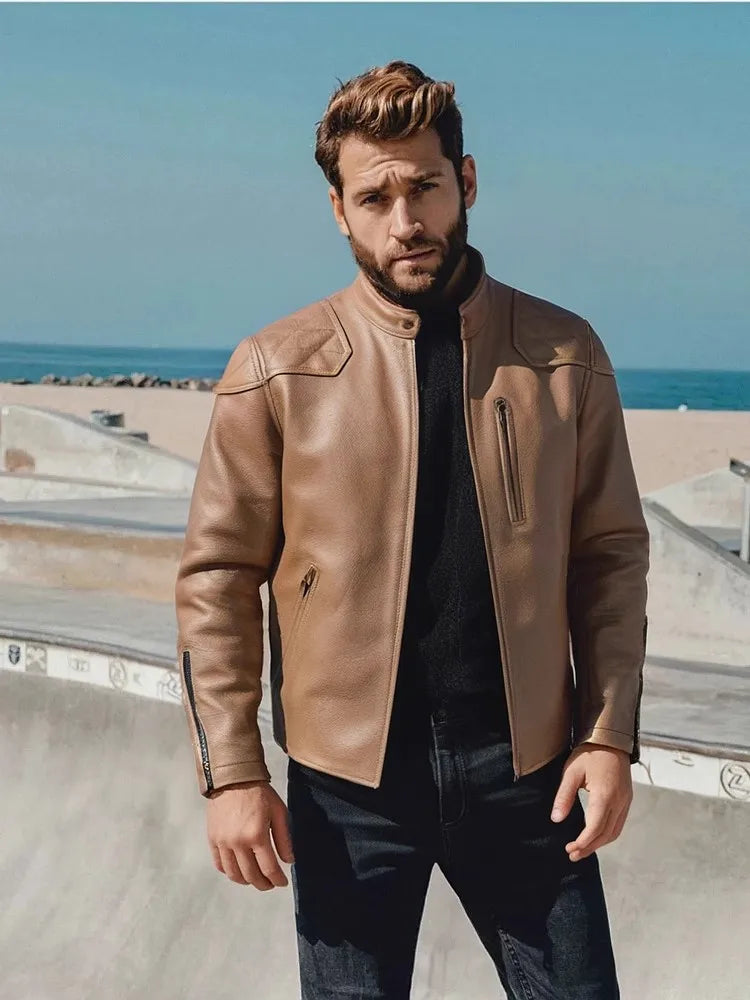 Light Brown Winter Leather Jacket Men Sprots Style Plus Size 5XL Genuine Natural Thick Cowhide Stand Collar Slim Leather Coat