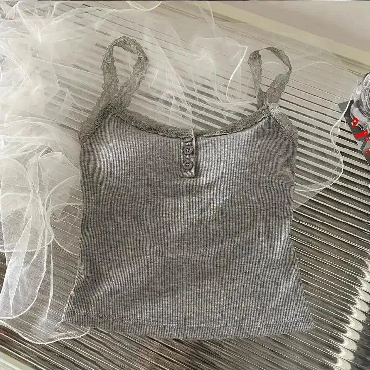 plus Size Lace Insert Camisole Tank Top with Chest Pad Inner Wear Outerwear Design Sense Bottoming Vest Big Size Women