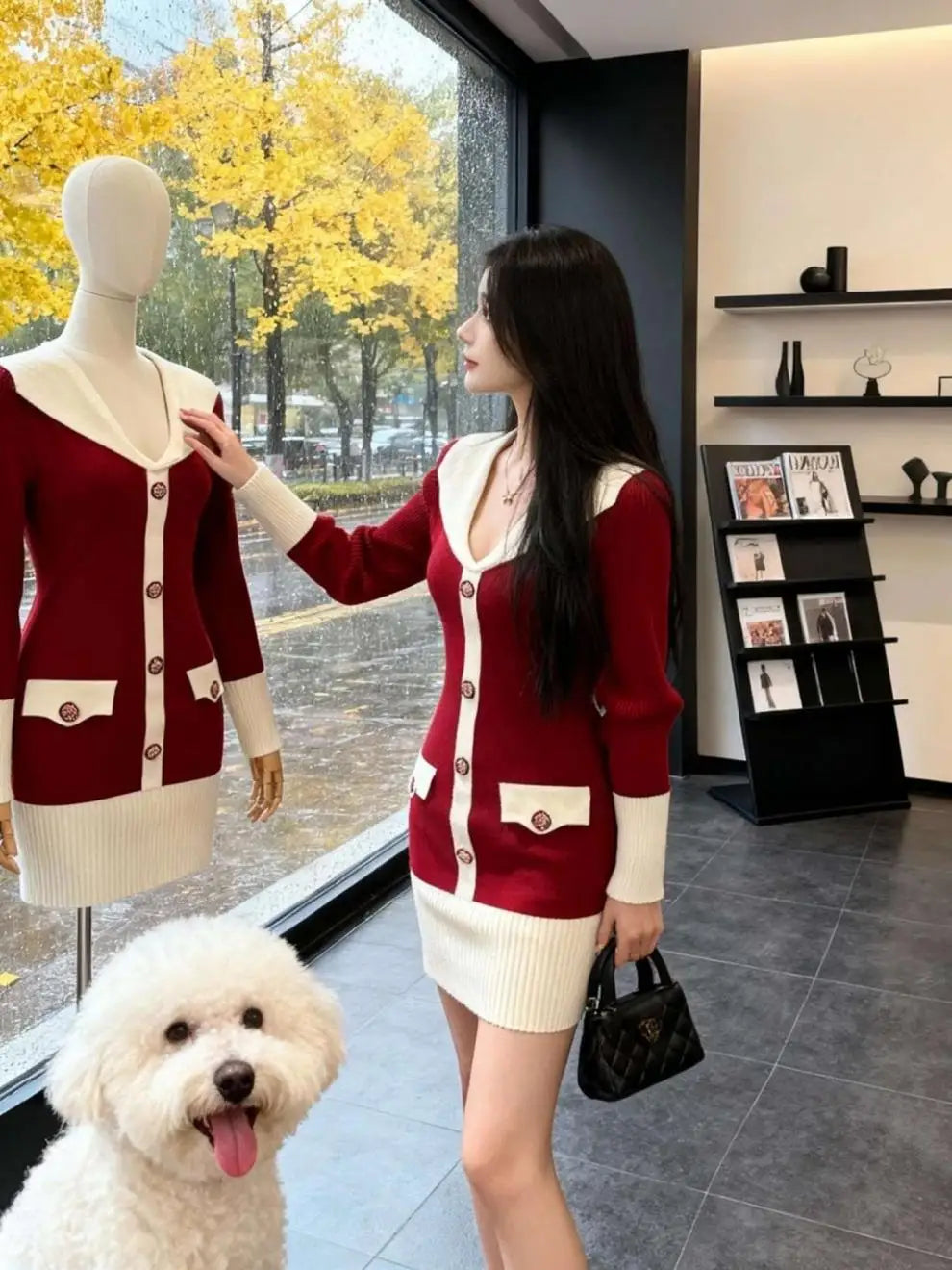 Elegant Knitted Wrap Dress Hepburn Style High Collar Button Slim Fit mid Length Polyester Fabric Commute Style Long Sleeve