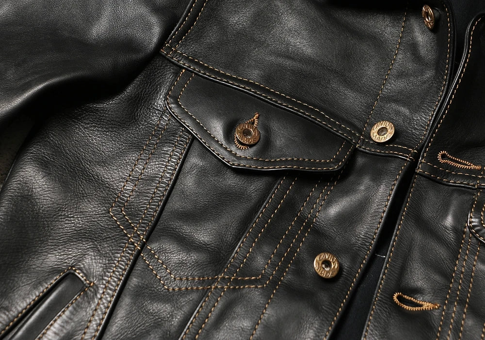 Black Autumn Leather Jacket Men Retro Style Plus Size 4XL Genuine Natural Thick Cowhide Single Breasted Casual Denim Coat