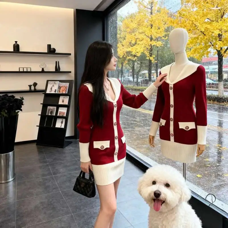 Elegant Knitted Wrap Dress Hepburn Style High Collar Button Slim Fit mid Length Polyester Fabric Commute Style Long Sleeve