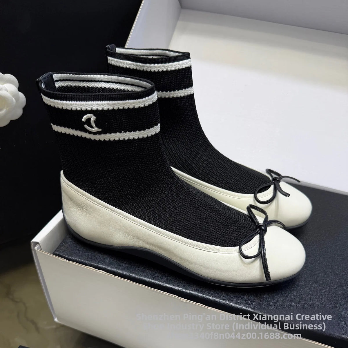 Elegant Mary Jane Shoes Women's Casual Butterfly Knot Elastic Slim Boots French Ballet Style Splicing Breathable Waterproof