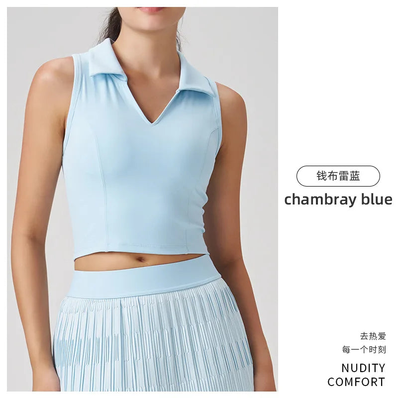 Outdoor Fitness Tennis Outfit Polo Shirt Sleeveless Collared Yoga Vest Breathable Nylon Spandex Slim Fit Youth Women's Top