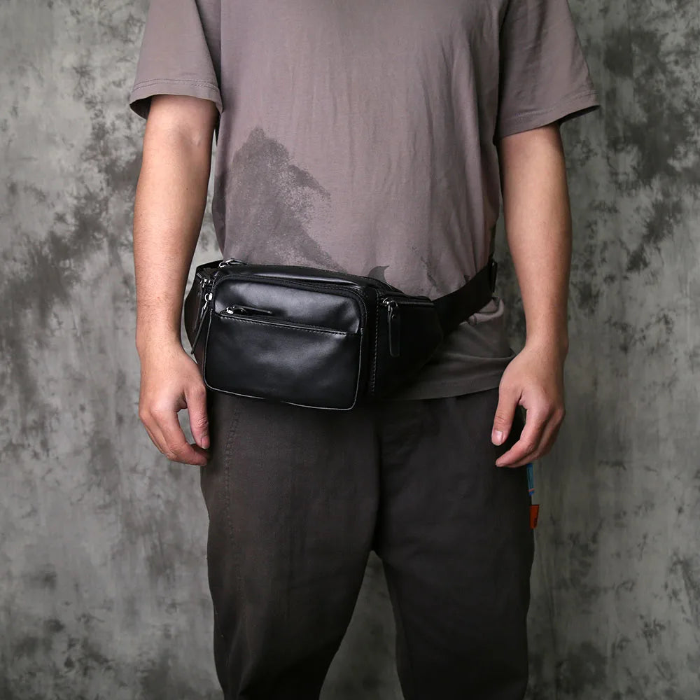 NZPJ Men's Genuine Leather Chest Bag - Top-Grain Cowhide Waist Bag / Crossbody Bag with Multiple Compartments & Phone Pocket