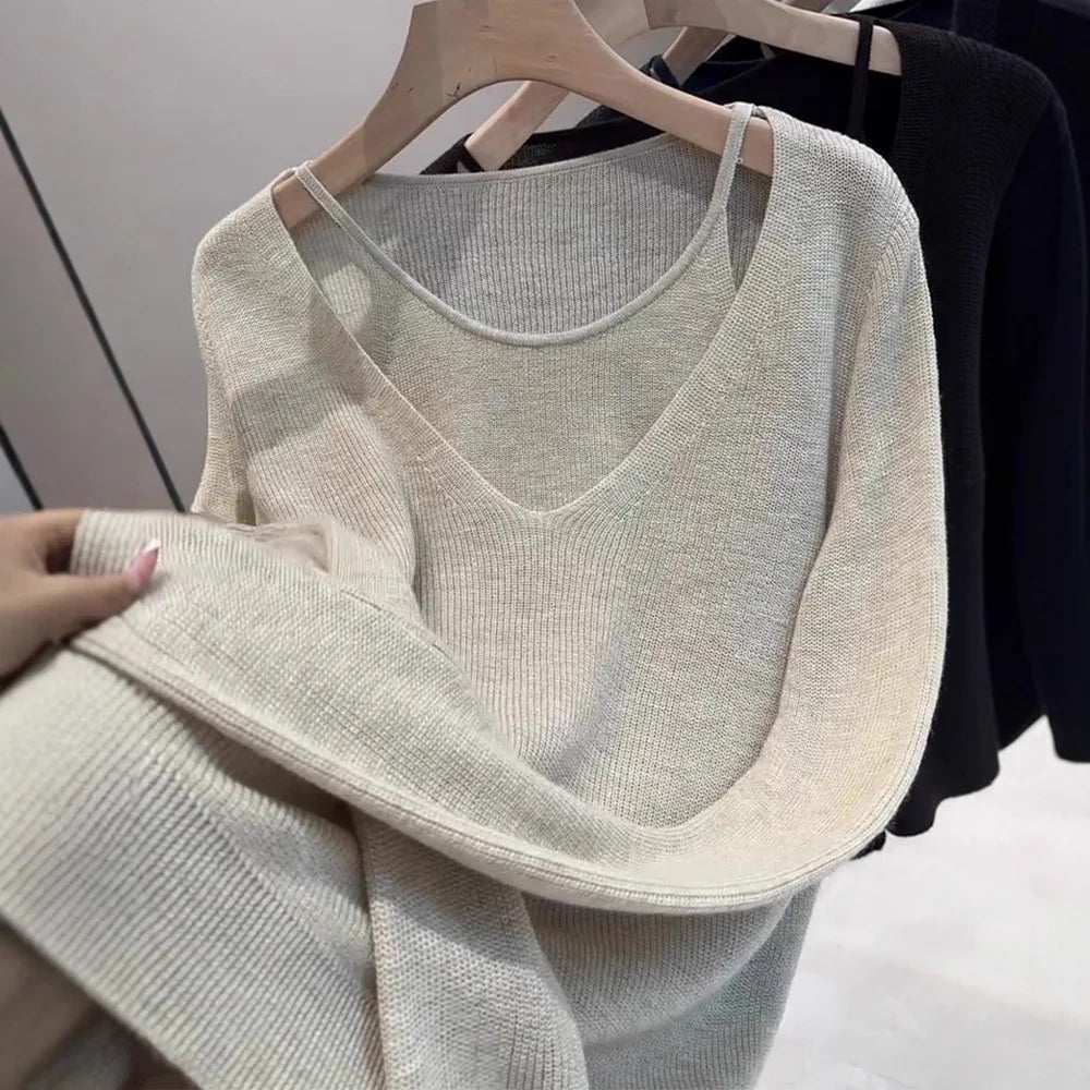 Ladies' Knitted Woolen Loose Fashionable Top Hollow out Fake Two-Piece Style Autumn New Arrival Comfortable Casual Korean Style