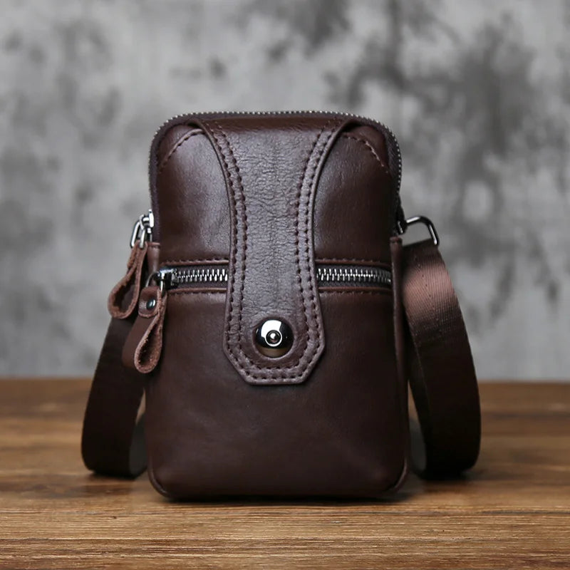 NZPJ Leather Men's Waist Bag Top Layer Cowhide Casual Mobile Phone Bag Wear Belt Vertical Shoulder Messenger Mobile Phone Bag
