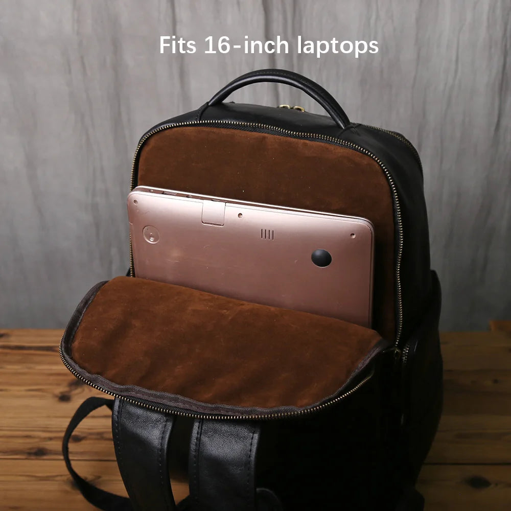 NZPJ Genuine Leather Men's Backpack Top-Grain Cowhide Casual Travel Backpack Multi-Compartment 16-Inch Laptop Bag