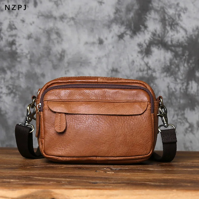 NZPJ Retro Genuine Leather Men's Shoulder Bag Casual Top Layer Cowhide Crossbody Bag Large Capacity  Men's Waist Bag