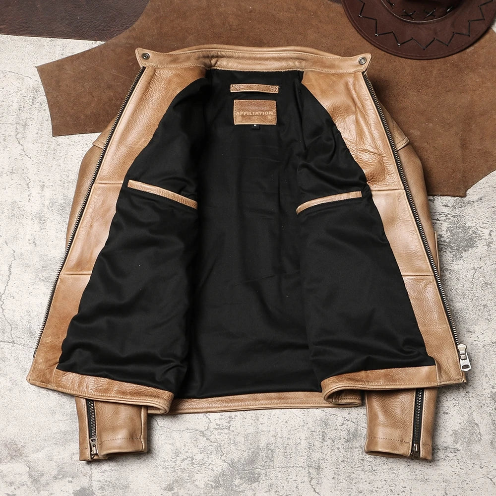 Light Brown Winter Leather Jacket Men Sprots Style Plus Size 5XL Genuine Natural Thick Cowhide Stand Collar Slim Leather Coat