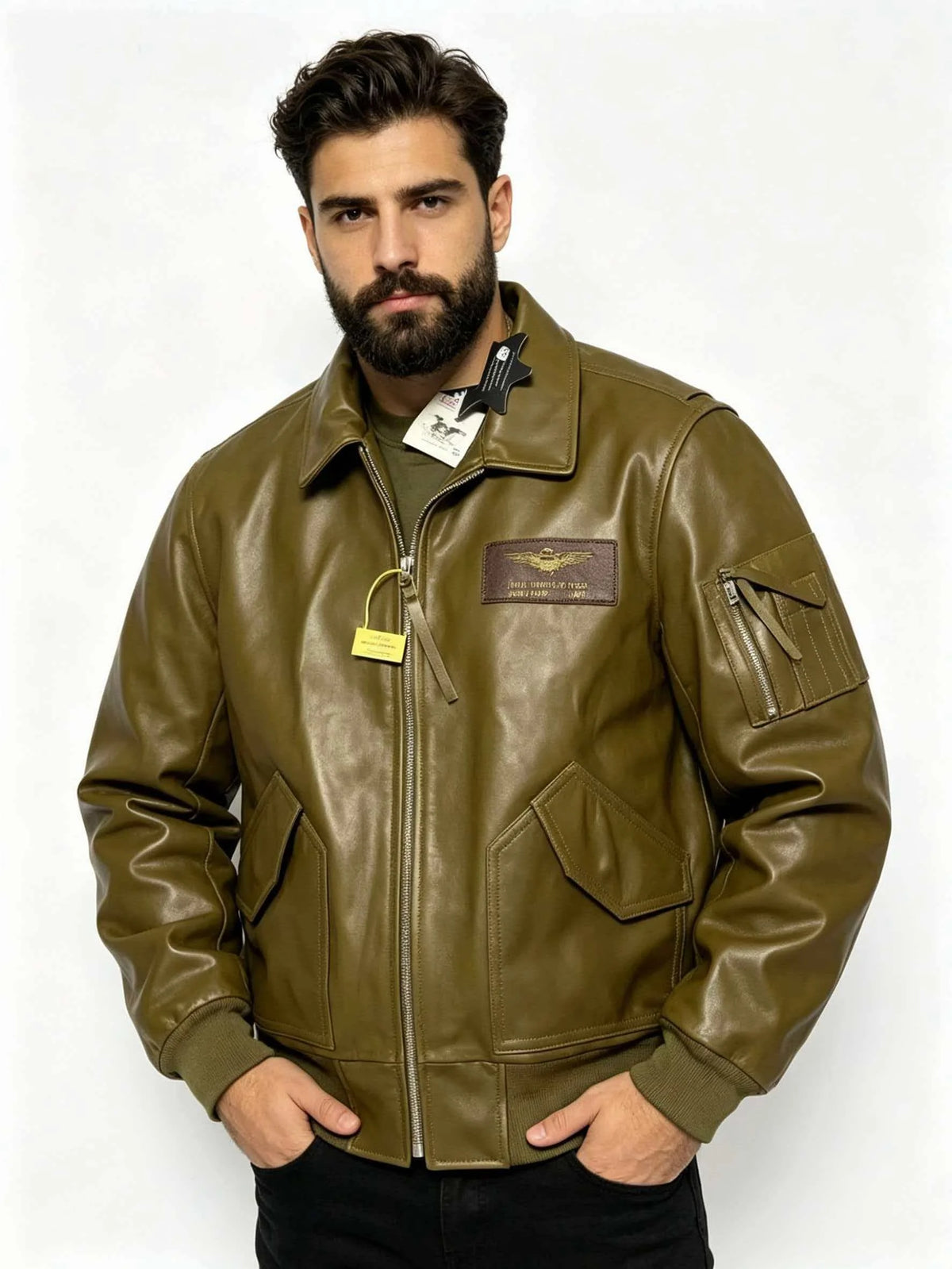 Olive Green Autumn Pilot Leather Jacket Men Military Style Plus Size 5XL Genuine Natural Cowhide CWU-45P Flight Leather Coat