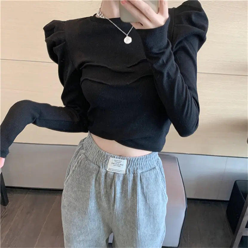 Slim Fit round Neck Long Sleeve Bubble Sleeve Top Women's Autumn Winter Short Base Layer Shirt Hong Kong Style Design Sense Top