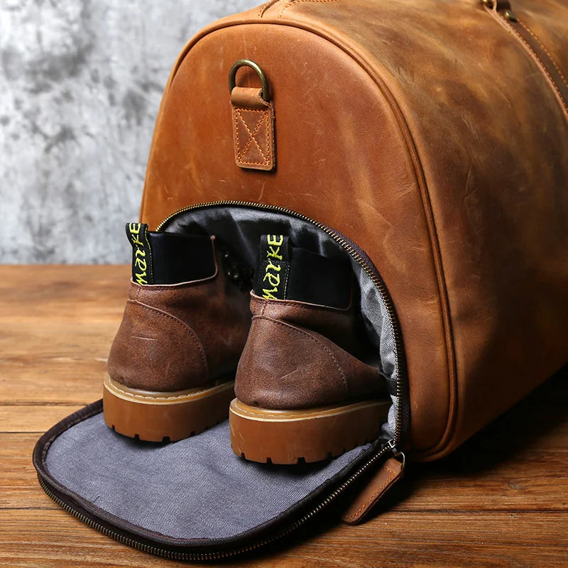 NZPJ Retro Crazy Horse Leather Men's Large-Capacity Travel Bag Leather Luggage Bag Top Layer Cowhide Handbag Shoulder Bag