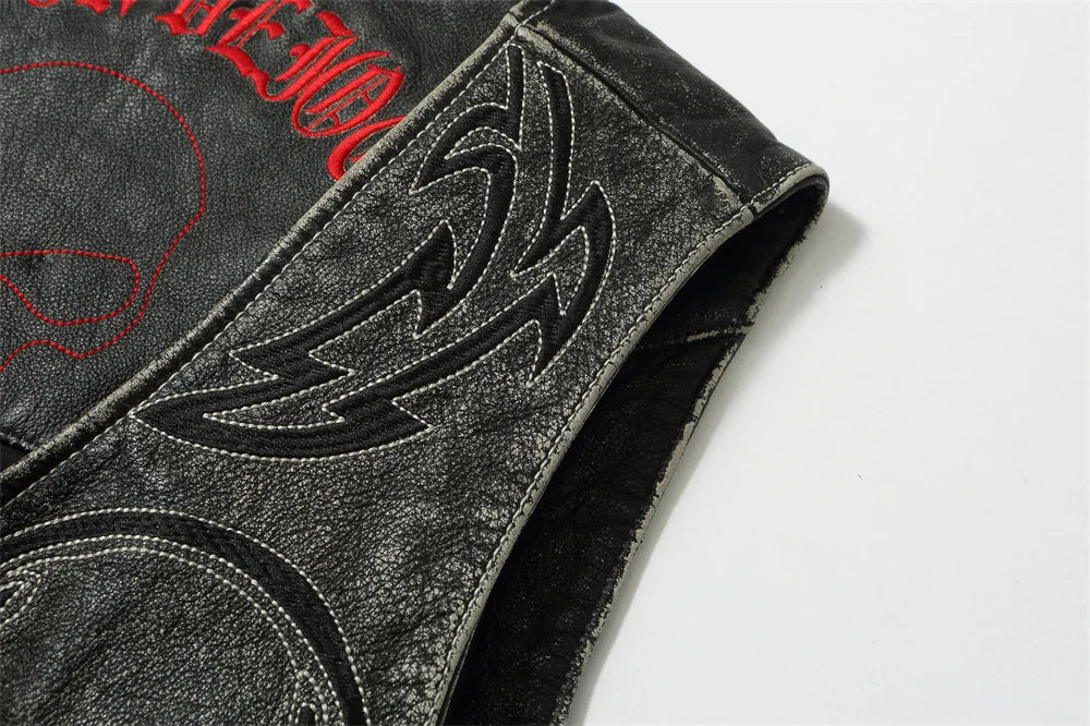 Black Spring Leather Vest Men Skull Embroidery Retro Style Plus Size 5XL Genuine Natural Cowhide Single Breasted Sleeveless Coat