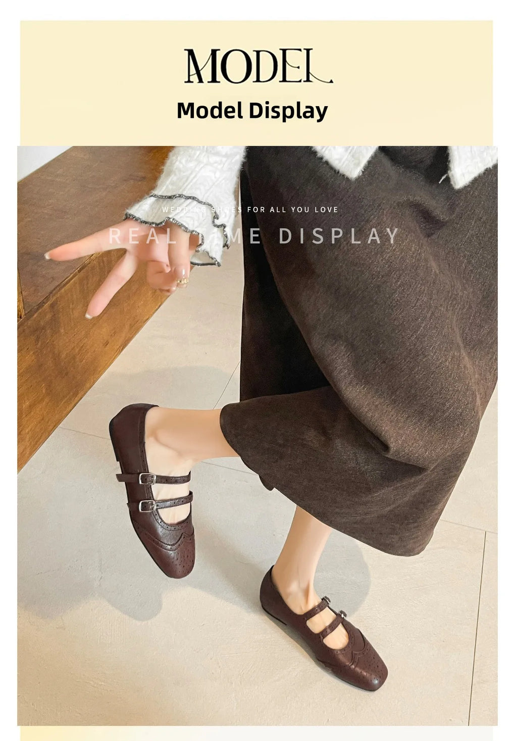 French Style Double Buckle Mary Jane Shoes Women's plus Size Flat Bottom Leather Version Beautiful Carving Spring Summer Autumn