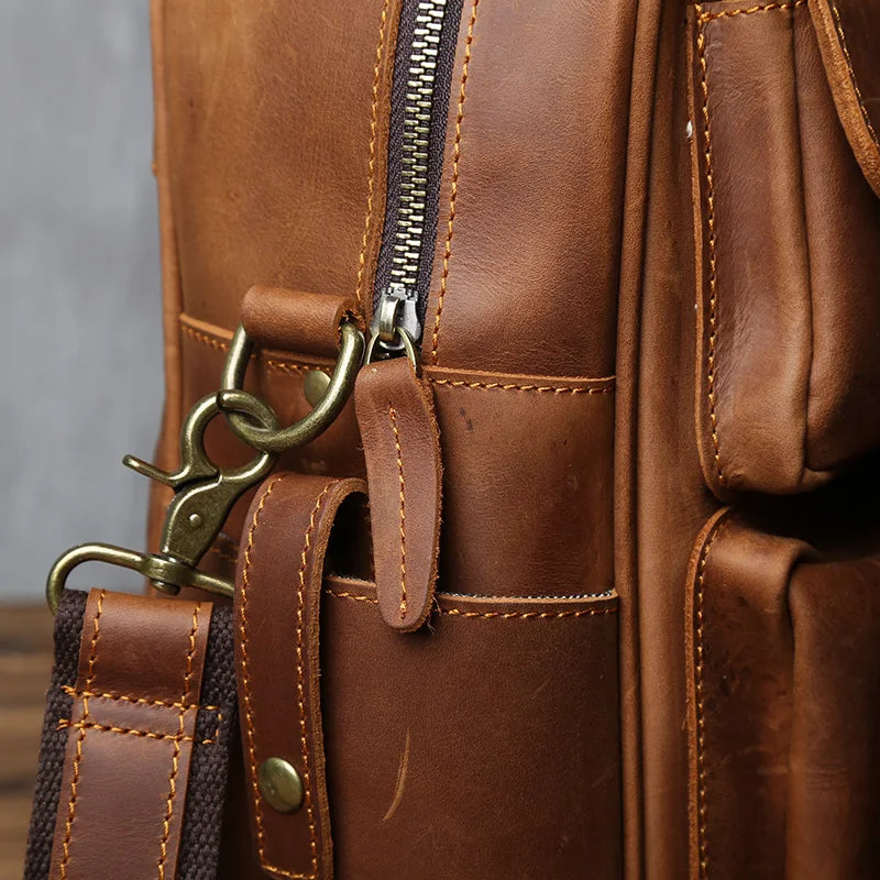 Retro Men's Leather Handbag Top Layer Cowhide Briefcase Large Capacity Travel Bag Crazy Horse Leather Laptop Shoulder Bag NZPJ