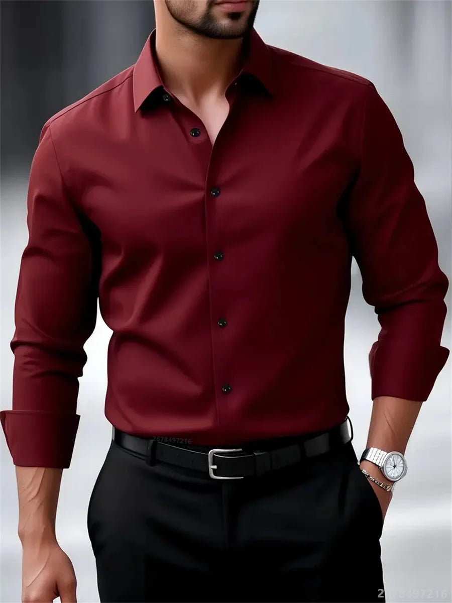 9-Color Men's Shirts, Solid Color Long-Sleeve Shirts, Slim Fit, Wrinkle-Free Professional Shirts, Collared Men's Fashion Tops