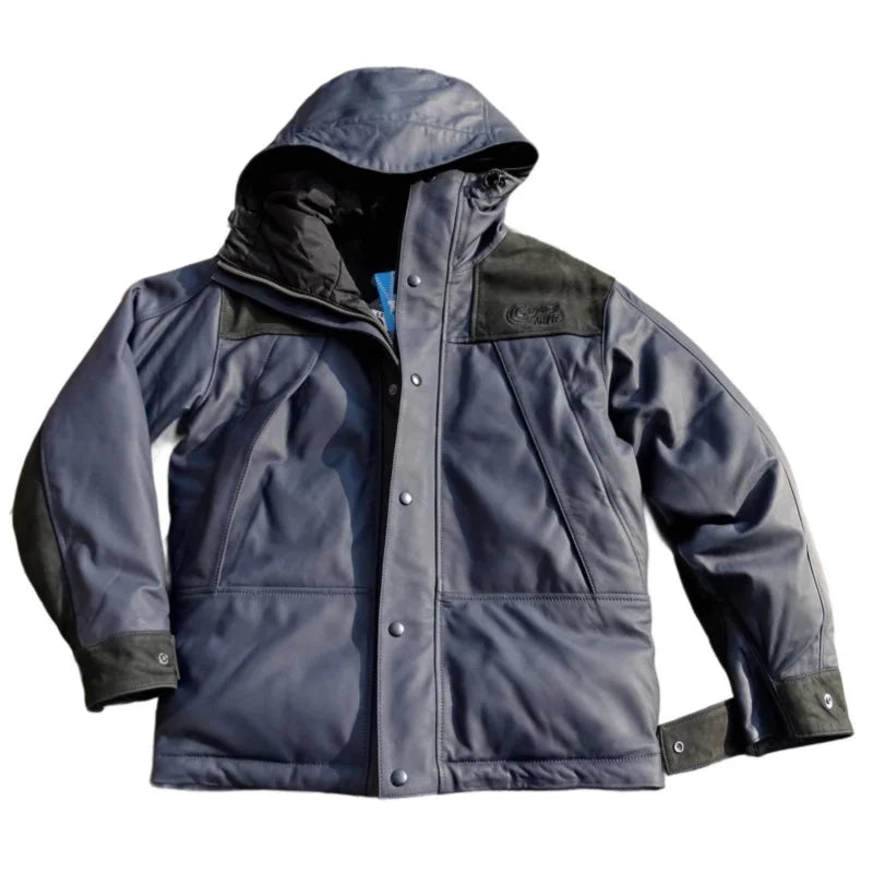Blue Winter Hooded Leather Down Jacket Men Casual Style Europe Size Genuine Natural Sheepskin Thick Warm Spliced Coat