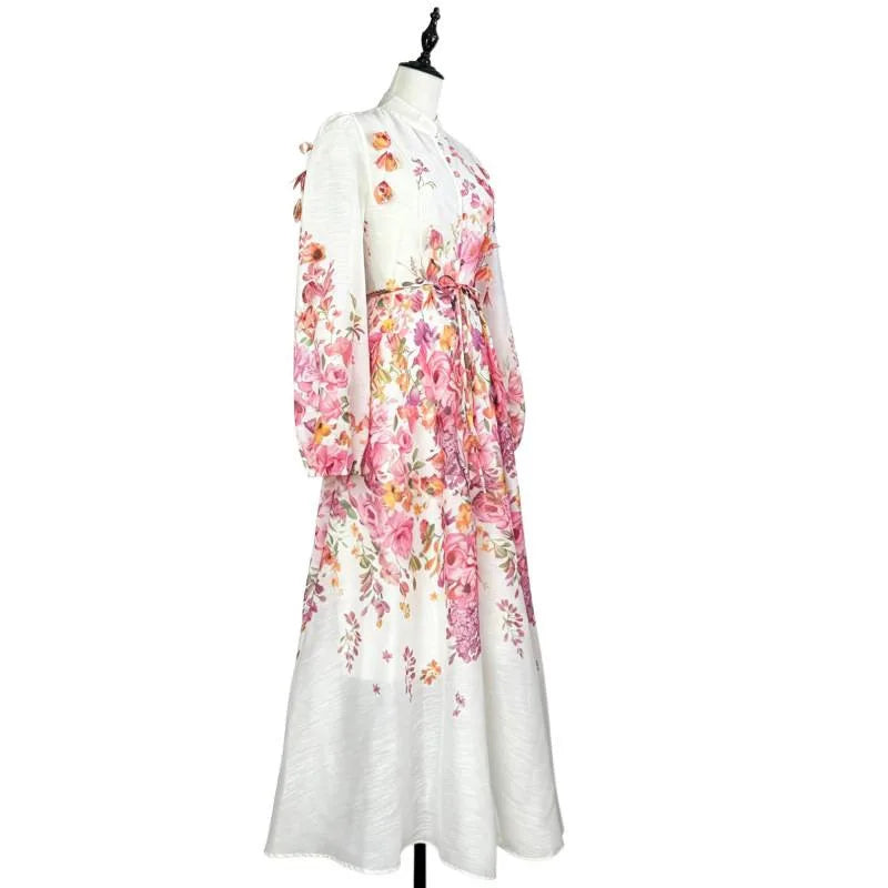 Elegant Street Style Long Dress with Lantern Sleeves Single Button Stand Collar Floral Print High-End Feeling for Ladies